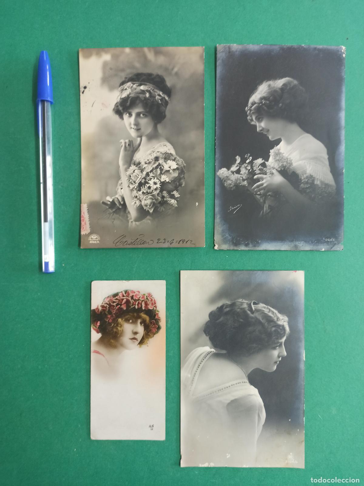 Photographie ancienne: Lote de 4 antiguas postales fotografias de felicitaci&oacute;n de mujeres. Principio S. XX.