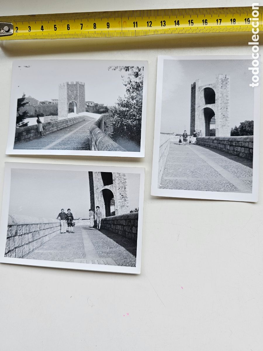 Antique Photography: 3 fotograf&iacute;as peque&ntilde;as de Besal&uacute;, Garrotxa. familia en el puente 1960s