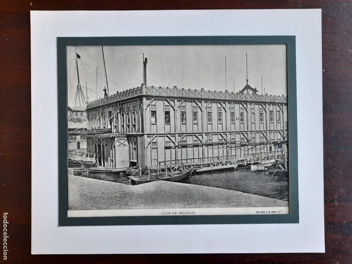 Alte Fotografie: Fotograf&iacute;a edifici flotant de fusta antic Club de regates port de Barcelona finals del XIX