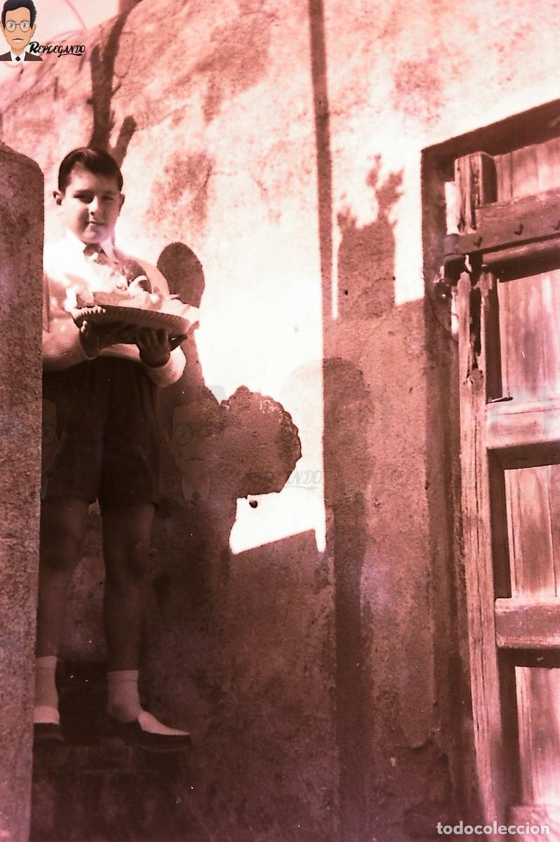 Fotografia antica: NI&Ntilde;O POSA EN ESCALERA CON MONA DE PASCUA - FIESTA CATALUNYA - NEGATIVO CLICH&Eacute; FOTO ANTIGUA A&Ntilde;OS 50