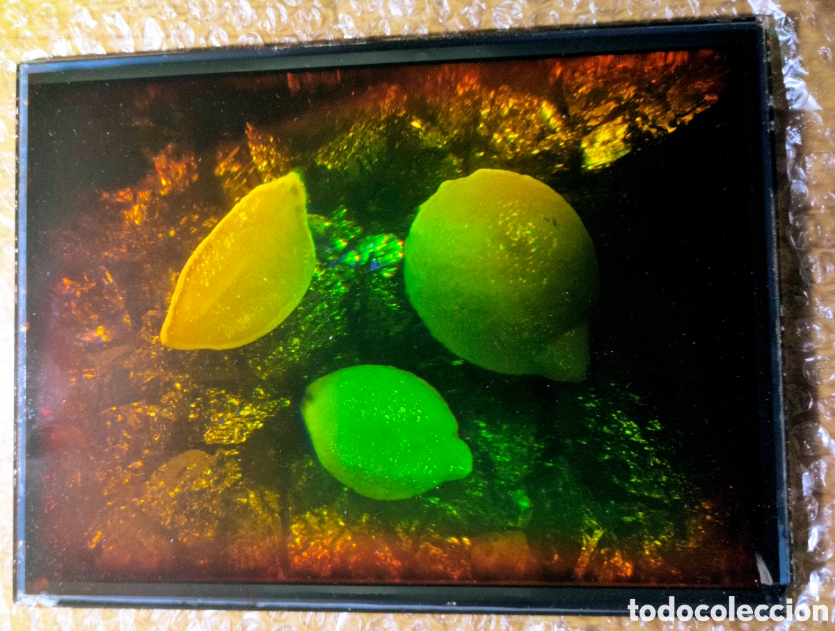 Alte Fotografie: Antiguo cuadro de cristal hologr&aacute;fico de limones. A&ntilde;os 70/80