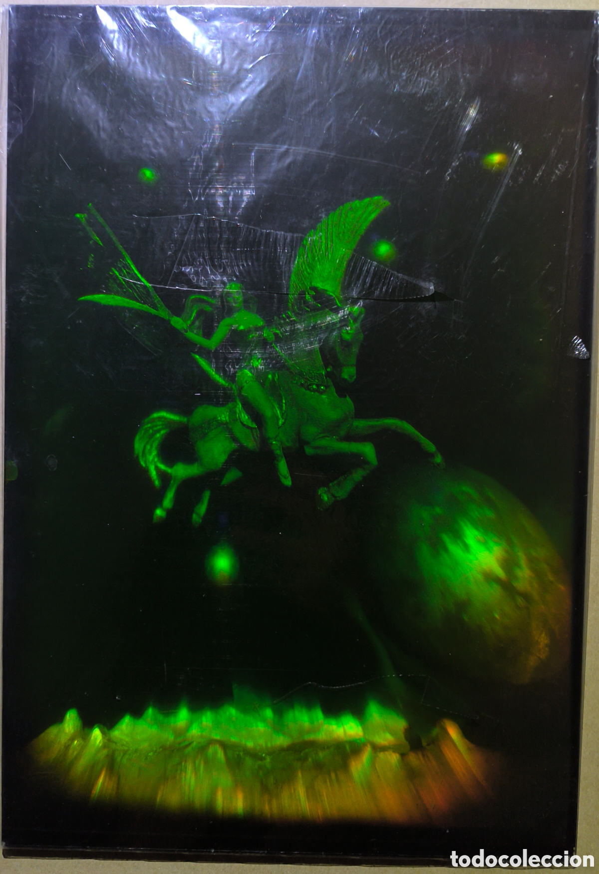 Alte Fotografie: Holograma en cristal de una guerrera en un caballo alado. A&ntilde;os 70/80