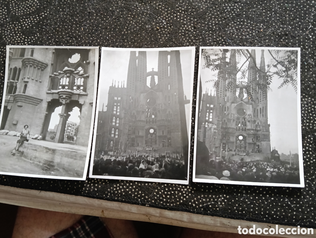 Fotograf&iacute;a antigua: 1952-54 Tres fotograf&iacute;as de la Sagrada Familia en obras, misa comunal, hace 73 a&ntilde;os, miden 11,5 x 8,