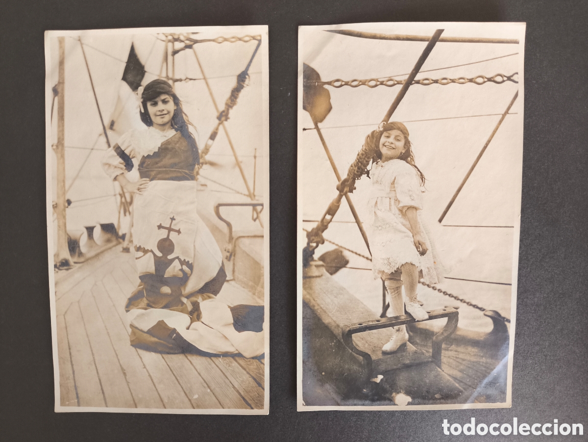 Fotograf&iacute;a antigua: Antiguas fotograf&iacute;as ni&ntilde;a en cubierta barco con bandera hist&oacute;rica Reino de Italia escudo Casa Saboya
