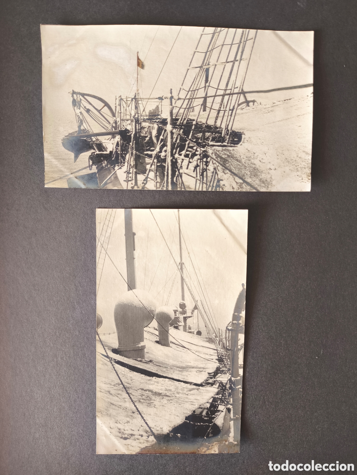 Fotograf&iacute;a antigua: Antiguas fotograf&iacute;as Barco Vapor Marina Italiana con nieve bandera Reino Italia Escudo Casa Saboya