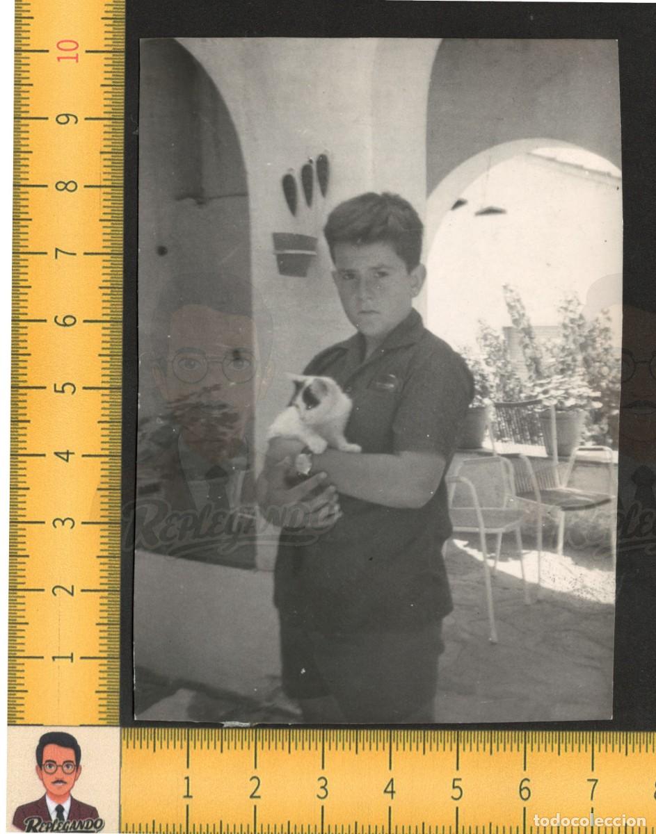 Fotograf&iacute;a antigua: NI&Ntilde;O SERIO POSA CON GATO EN JARD&Iacute;N CASA CAMPO MACETAS FLORES - FOTO ANTIGUA A&Ntilde;OS 60 - INFANCIA FELIZ