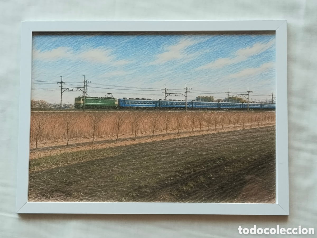 Fotograf&iacute;a antigua: Ilustraci&oacute;n Tren Expreso Japon&eacute;s JNR Blue Train - Marco Blanco A4