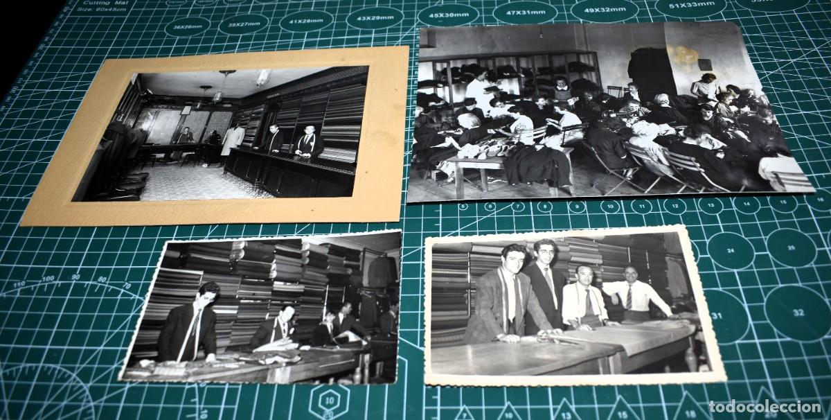 Fotograf&iacute;a antigua: 4 fotos originales de una tienda de telas y un taller de costura. La mayor mide 20 x 16 cm.