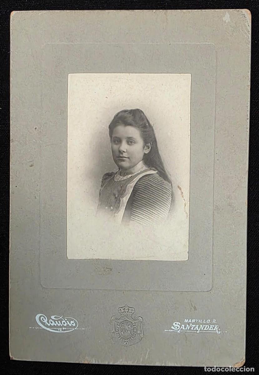 Fotograf&iacute;a antigua: Fotograf&iacute;a Antigua Retrato de Joven Dama &ndash; Estudio C&aacute;ndido Santander &ndash; Cart&oacute;n Fotogr&aacute;fico de &Eacute;poca