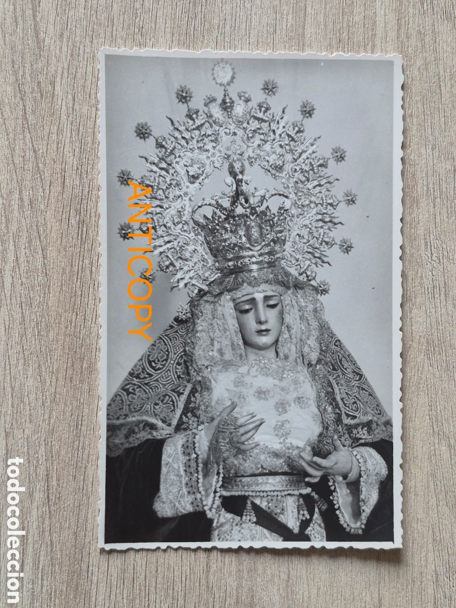 Fotograf&iacute;a antigua: Fotograf&iacute;a Virgen de Gracia y Esperanza - San Roque - Sevilla - Foto SERRANO - 14 x 8,6 cm. Antigua