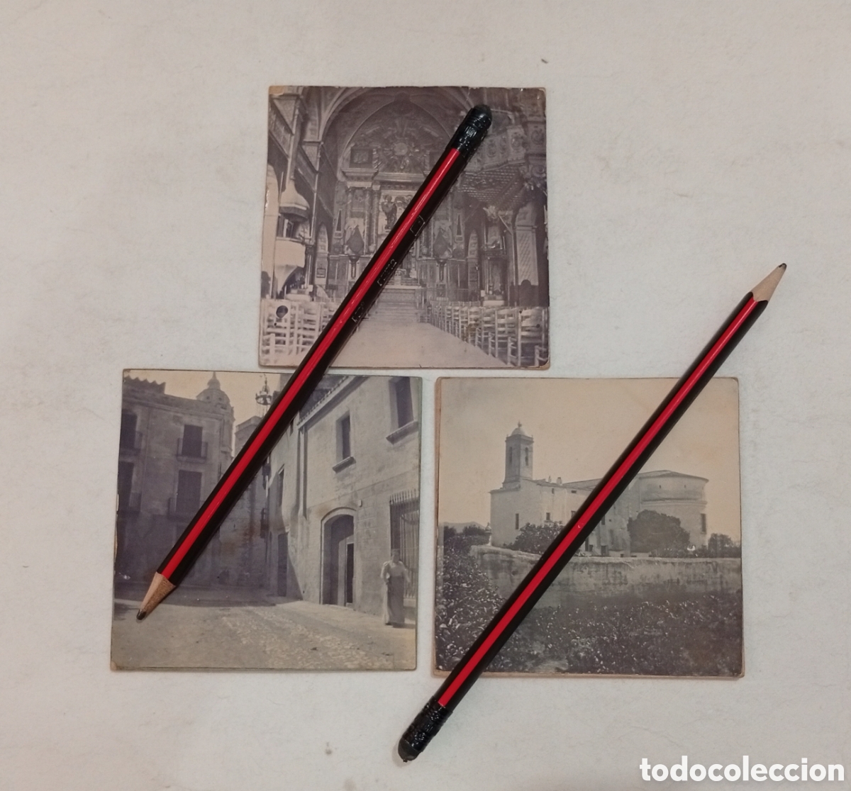 Fotograf&iacute;a antigua: Tres fotografias Sitges Iglesia Calle Vinyet