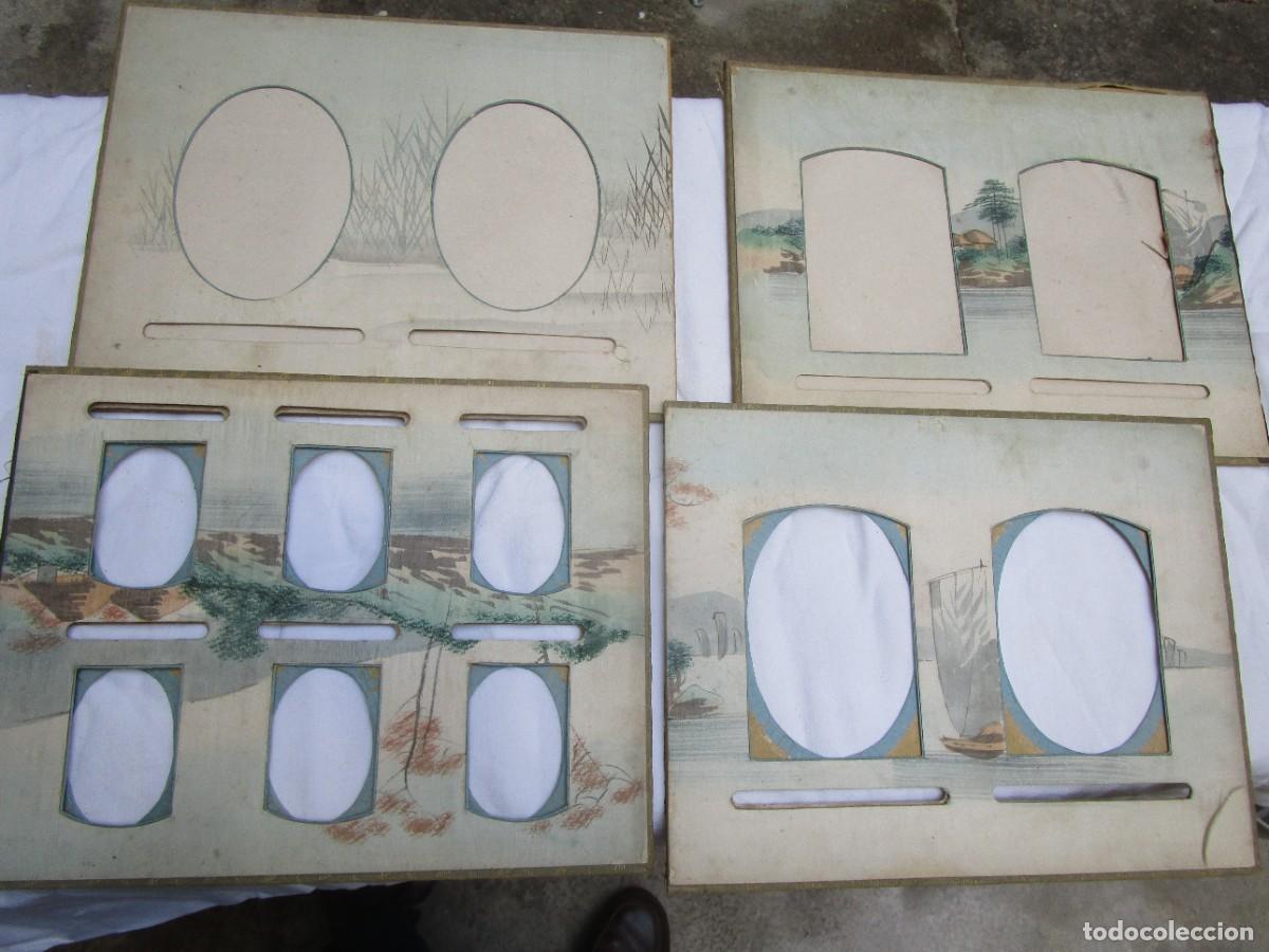 Fotograf&iacute;a antigua: Jap&oacute;n 4 cartulinas para fotos forradas en seda decorada a mano - aprox 1900 25x32cm 24 huecos. + inf