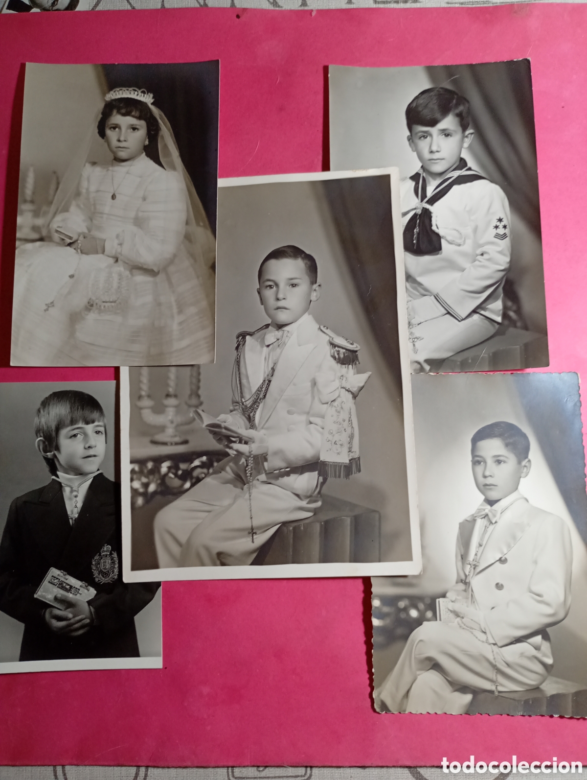 Fotograf&iacute;a antigua: ote 5 fotos b/n recordatorios 1&ordf; comuni&oacute;n diversas medidas una ni&ntilde;a y 4 ni&ntilde;os interesantes trajes