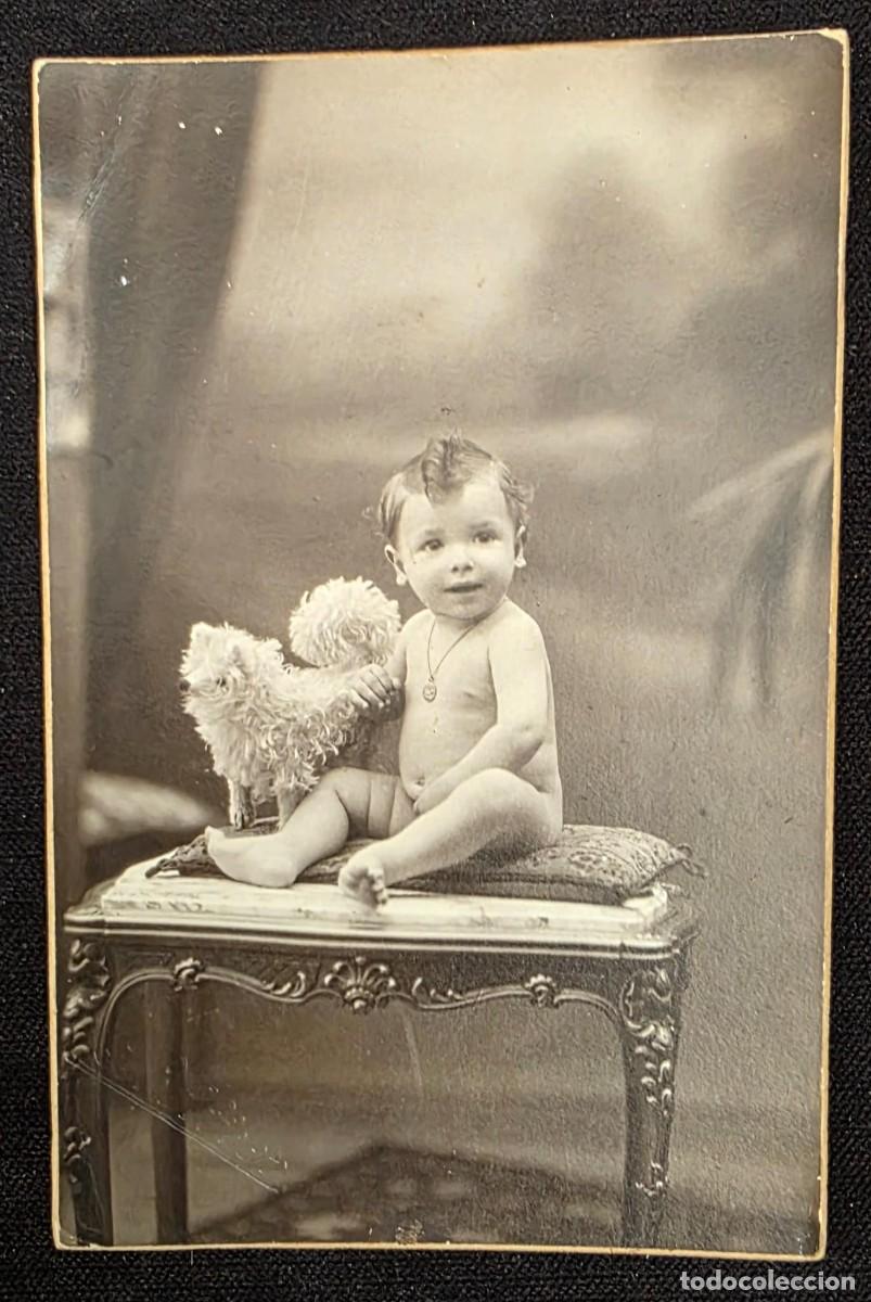 Fotograf&iacute;a antigua: P.1142 Fotograf&iacute;a Antigua de Beb&eacute; con Perro de Peluche &ndash; Modern Studi Pellicer Barcelona