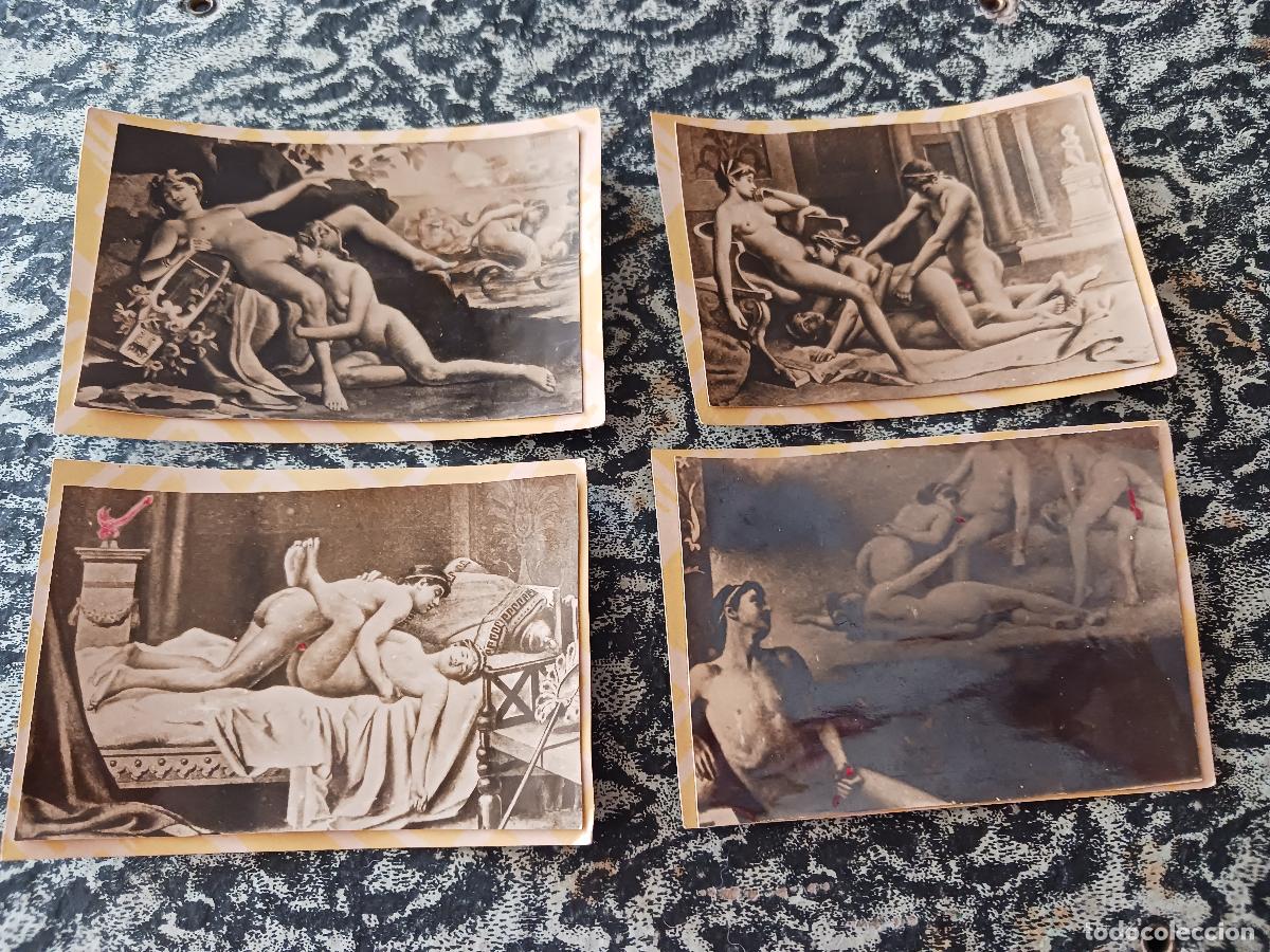 Fotograf&iacute;a antigua: 4 fotografias o cromos pornograficos antiguos, pegados sobre carton, 10 x 7 cm. aprox