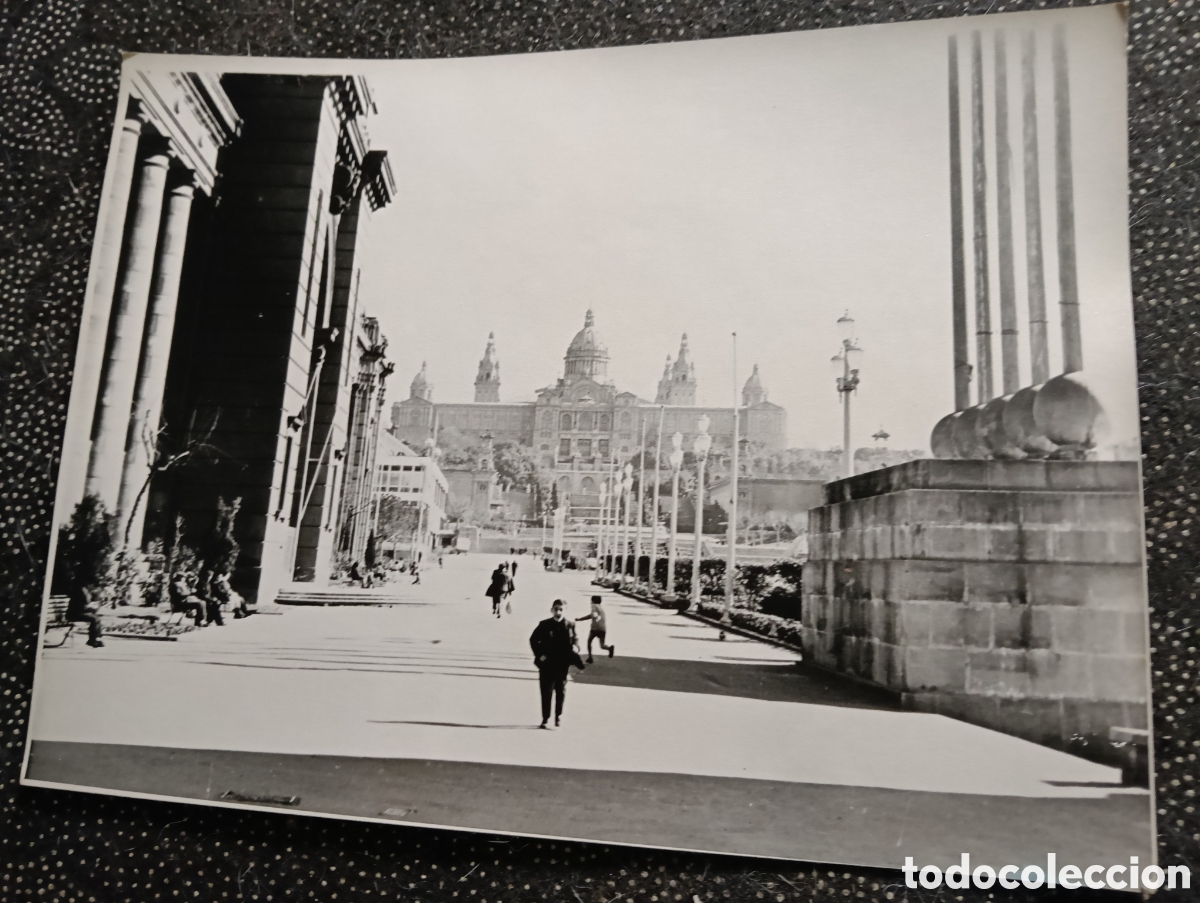Fotograf&iacute;a antigua: Fotograf&iacute;a en blanco y negro de la Avenida Reina Mar&iacute;a Cristina durante la Exposici&oacute;n Internacional
