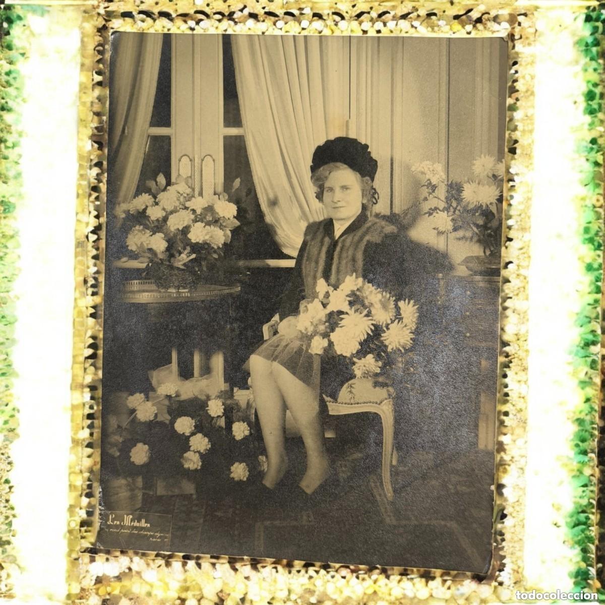 Fotografia antica: Fotograf&iacute;a Original De &Eacute;poca &ndash; Retrato Femenino Con Flores, Estilo Belle &Eacute;poque &ndash; 24 x 18 cm