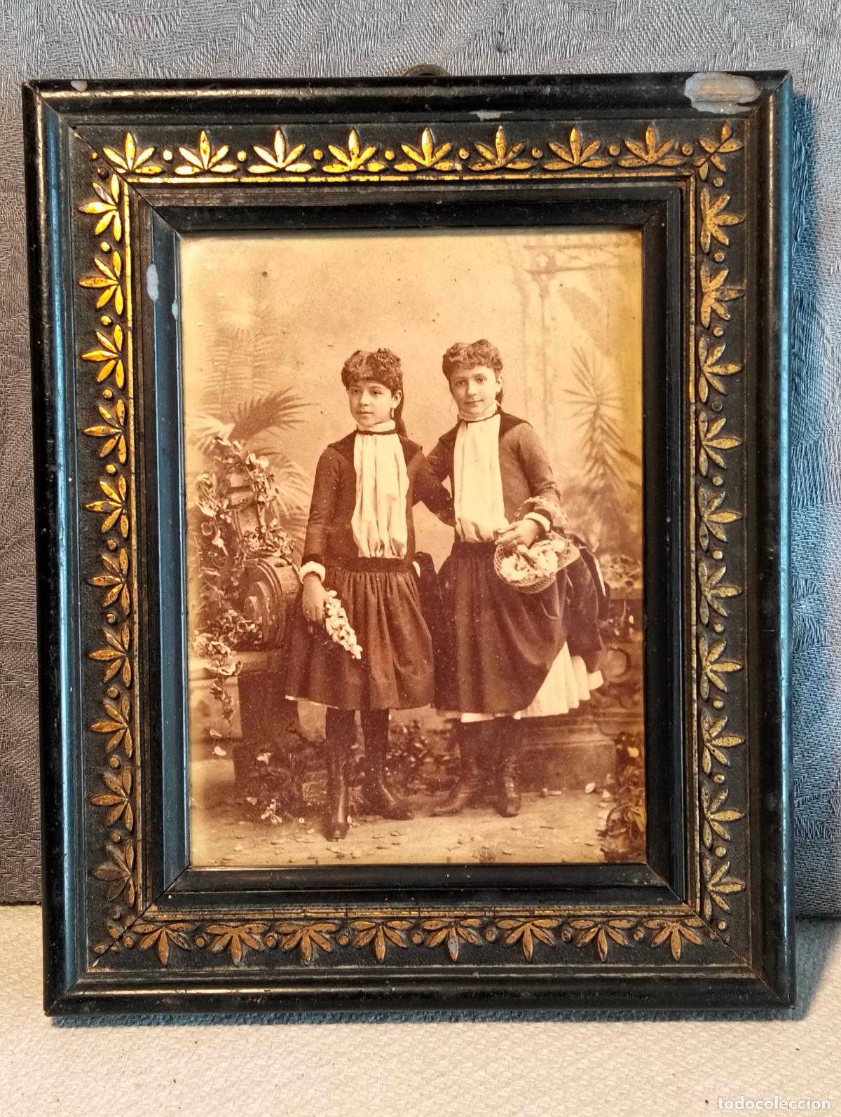 Antique Photography: Cuadro antiguo marco madera modernista negro dorado con foto fotograf&iacute;a de ni&ntilde;as con flores a&ntilde;os 10