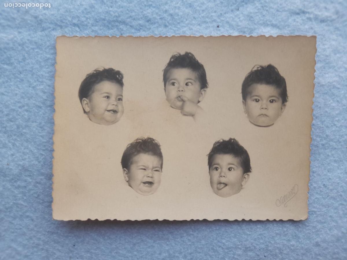 Fotograf&iacute;a antigua: Fotomontaje Antiguo con diversos gestos de Ni&ntilde;o. Fot&oacute;grafo Sainz.