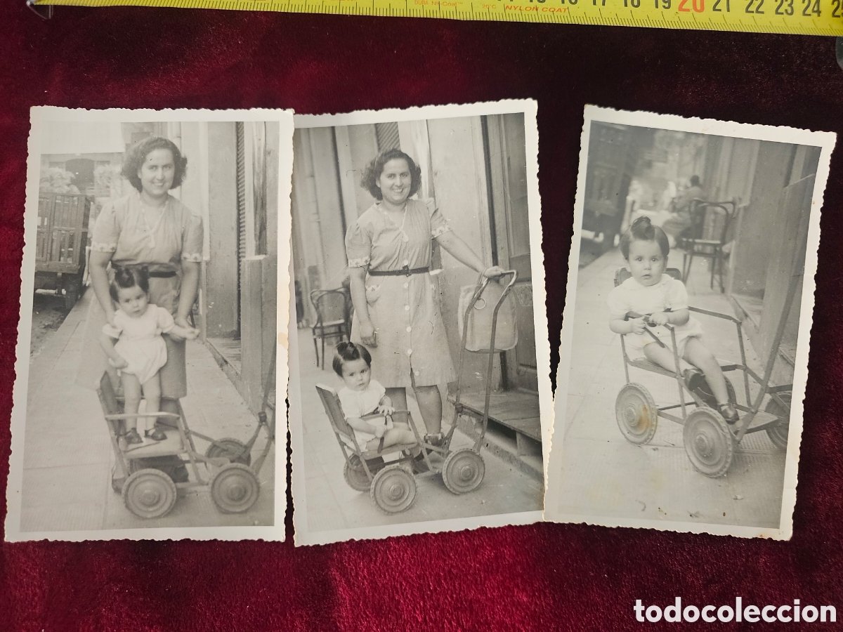 Fotograf&iacute;a antigua: Lote de 3 fotograf&iacute;as antiguas (1945) &ndash; Ni&ntilde;o en carrito vintage, Argel (Alger) / Fotograf&iacute;a familiar