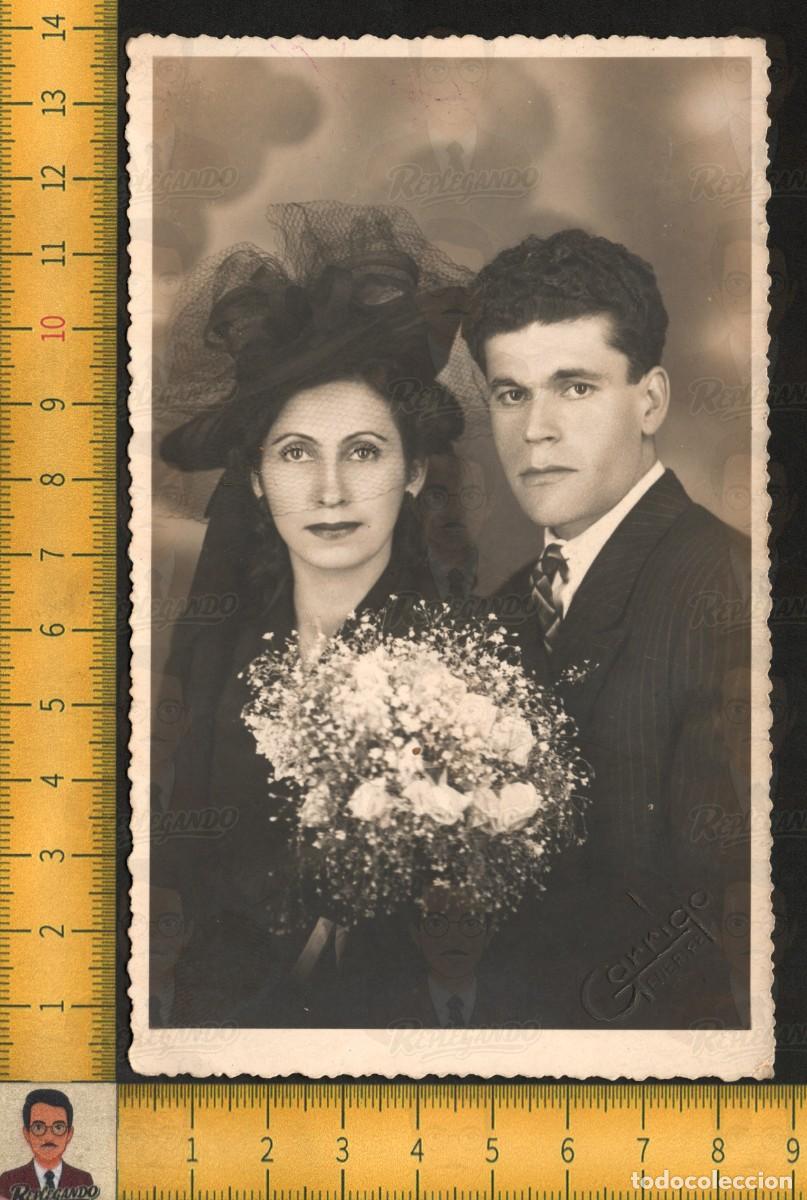 Fotograf&iacute;a antigua: BODA NOVIOS RETRATO ESTUDIO GARRIGA TENERIFE - NOVIA VELO RAMO NOVIO TRAJE - FOTO ANTIGUA A&Ntilde;O 1948