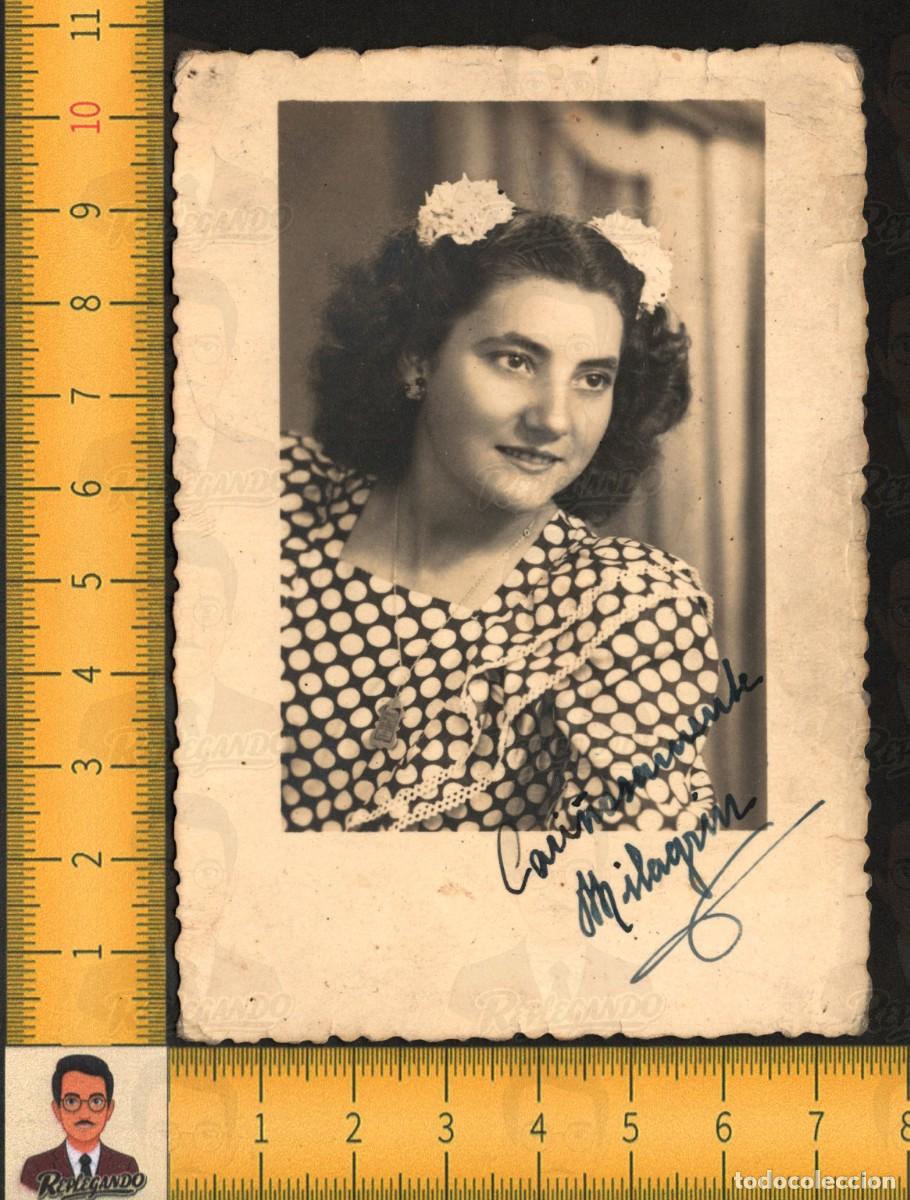 Fotograf&iacute;a antigua: RETRATO BELLA MUJER VESTIDO LUNARES FLORES PELO - FOTO ANTIGUA A&Ntilde;OS 50 - ONTENIENTE VALENCIA PAY&Aacute;