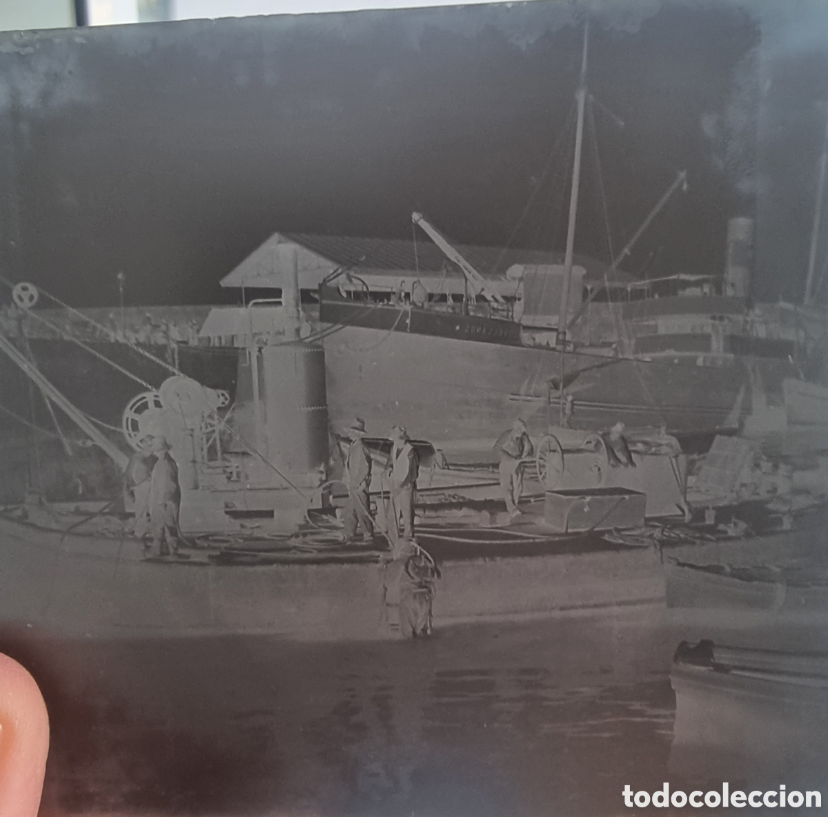 Fotograf&iacute;a antigua: Gij&oacute;n Asturias fotograf&iacute;a en cristal inmersi&oacute;n buzo gran documento joya,foto hist&oacute;rica
