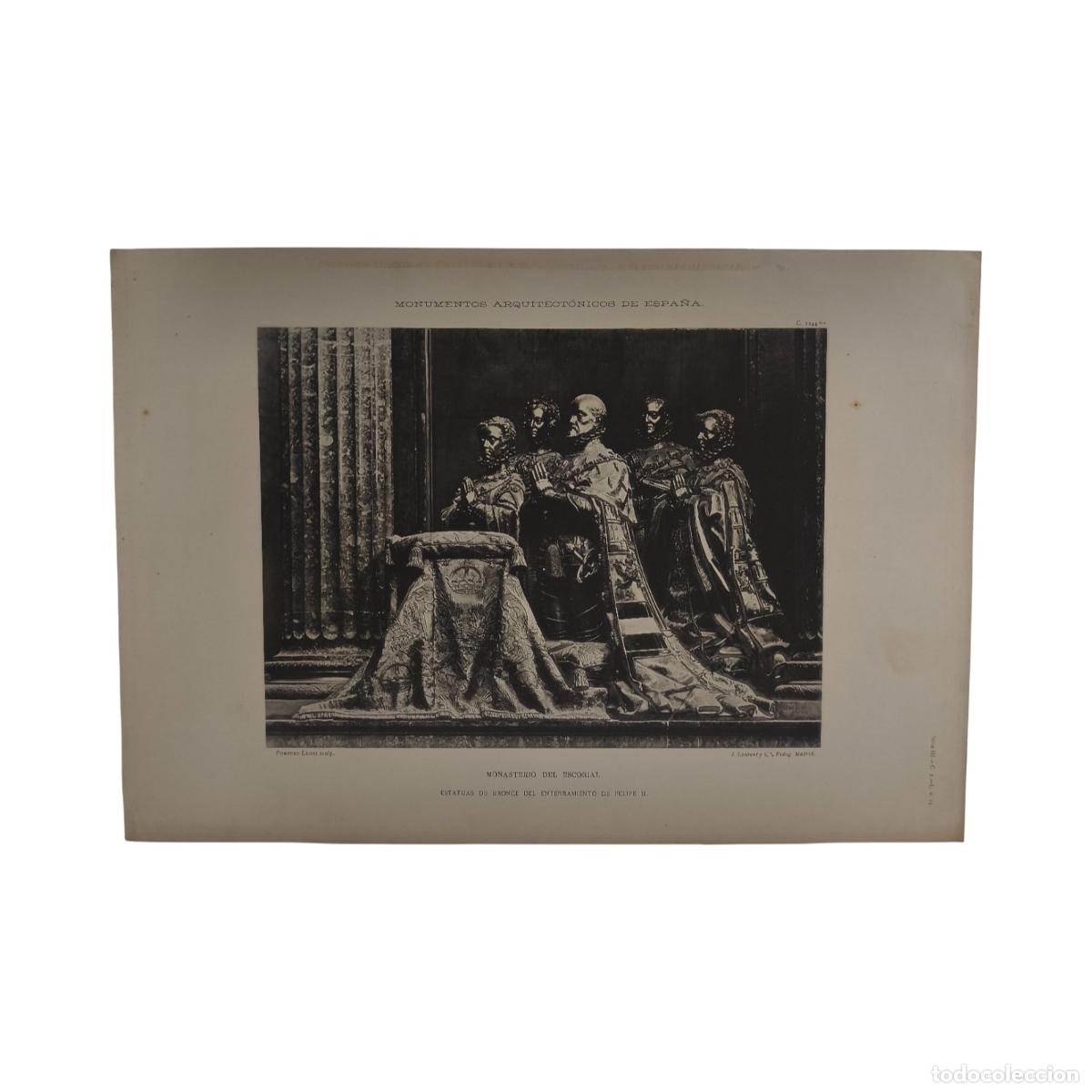 Fotograf&iacute;a antigua: Monumento Antiguo. Monasterio de El Escorial. Estatuas de Bronce de Felipe II. J. Laurent Fot. 36,5x
