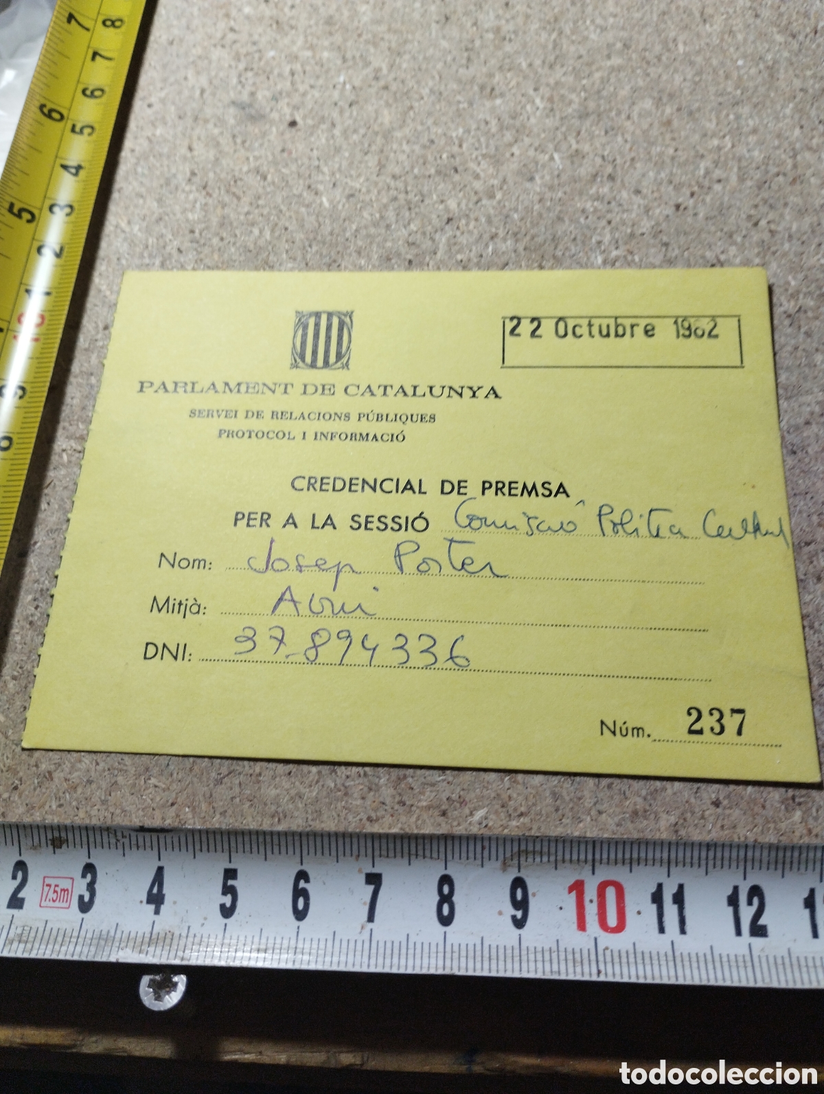 Collectionnisme sportif: Pase de Prensa Parlamento de Catalunya Octubre de 1982