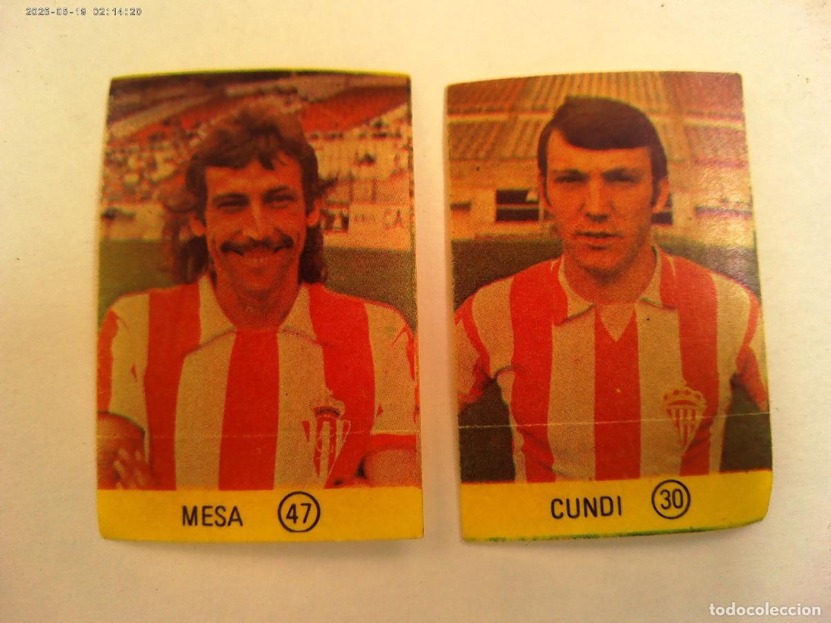 Sports collectibles: LOTE DE 2 PEGATINAS DE FUTBOL: N&ordm; 30 CUNDI Y N&ordm; 47 MESA , DEL GIJON . A&Ntilde;OS 70
