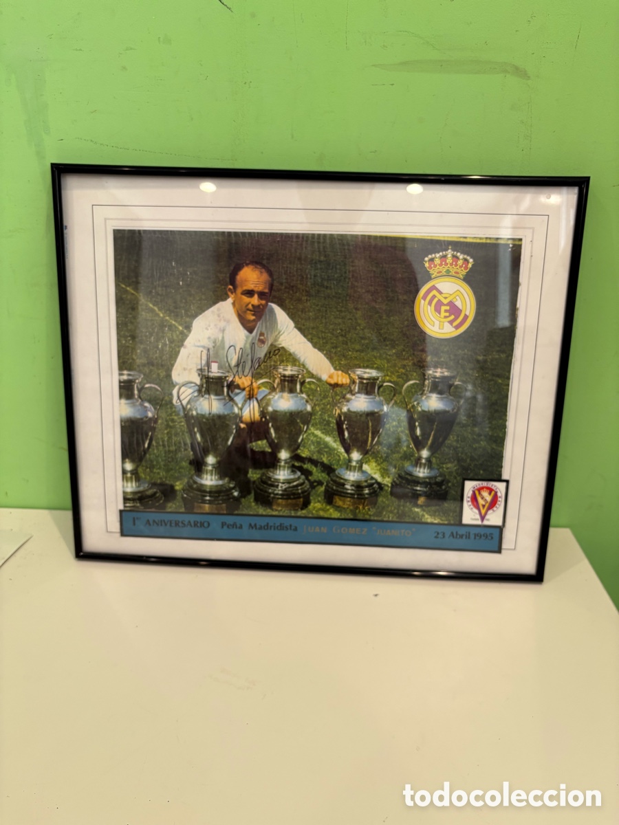 Coleccionismo deportivo: Fotograf&iacute;a oficial enmarcada de Lorenzo Sanz con trofeos del Real Madrid