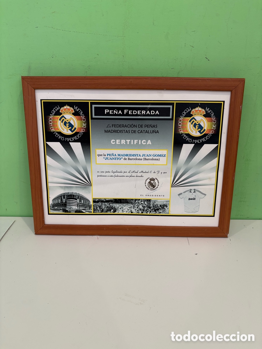 Coleccionismo deportivo: Fotograf&iacute;a enmarcada Certificado Pe&ntilde;a Madridista Juan G&oacute;mez &ldquo;Juanito&rdquo; &ndash; Real Madrid