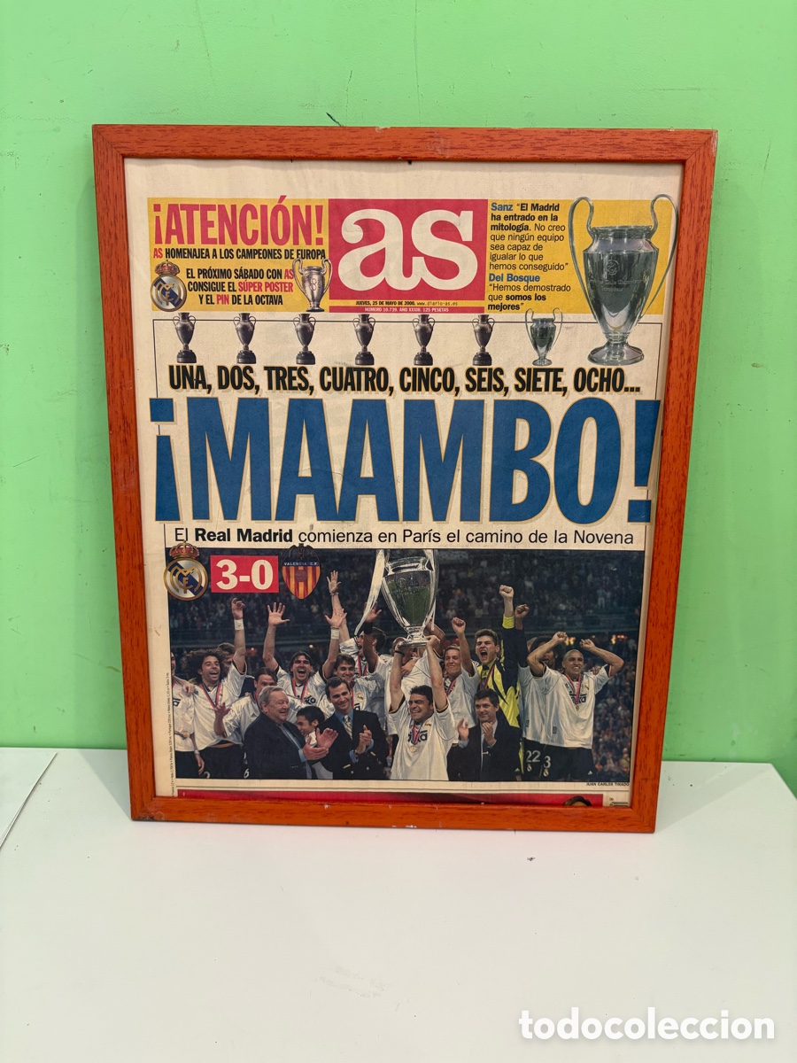 Coleccionismo deportivo: Portada enmarcada Diario AS &ndash; Real Madrid Campe&oacute;n de Europa 2000 &ndash; La Octava