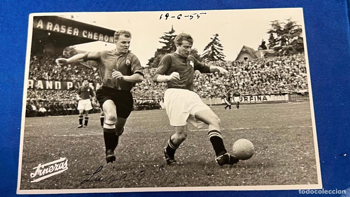Sports collectibles: Fotografia original Finezas a&ntilde;o espa&ntilde;a suiza 19 6 1955 kubala partido futbol SELLADA REVERSO