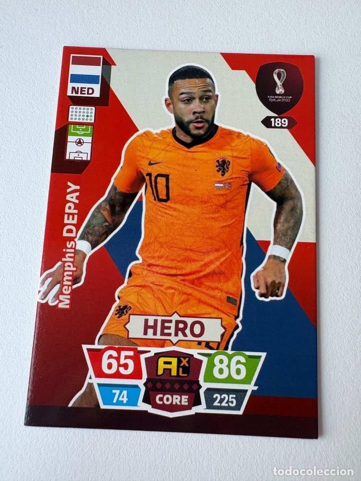 Coleccionismo deportivo: Memphis Depay Paises Bajos Holanda Hero 189 Adrenalyn Mundial Qatar 2022