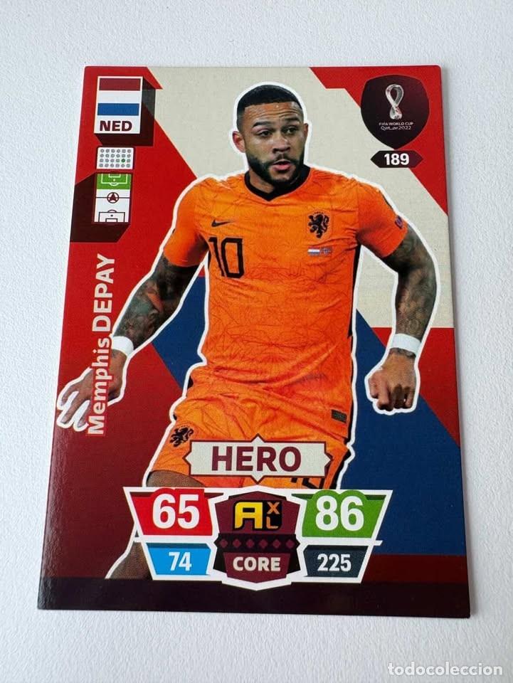 Coleccionismo deportivo: Memphis Depay Paises Bajos Holanda Hero 189 Adrenalyn Mundial Qatar 2022