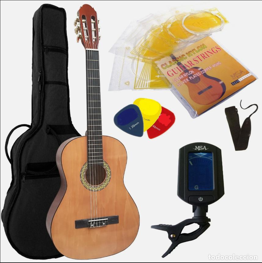 Instrumentos musicales: GUITARRA CL&Aacute;SICA - GUITARRA DE CONCIERTO 4/4 NATURAL EN SET AFINADOR GUITARRA, FUNDA, CUERDAS CORREA