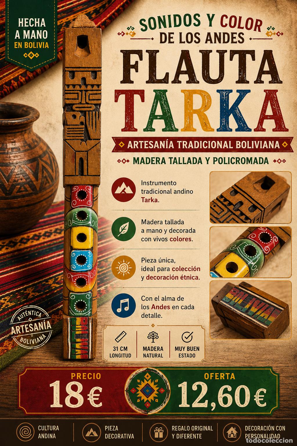 Instrumentos musicales: FLAUTA TARKA DE MADERA TALLADA Y POLICROMADA / BOLIVIA / 31 CM