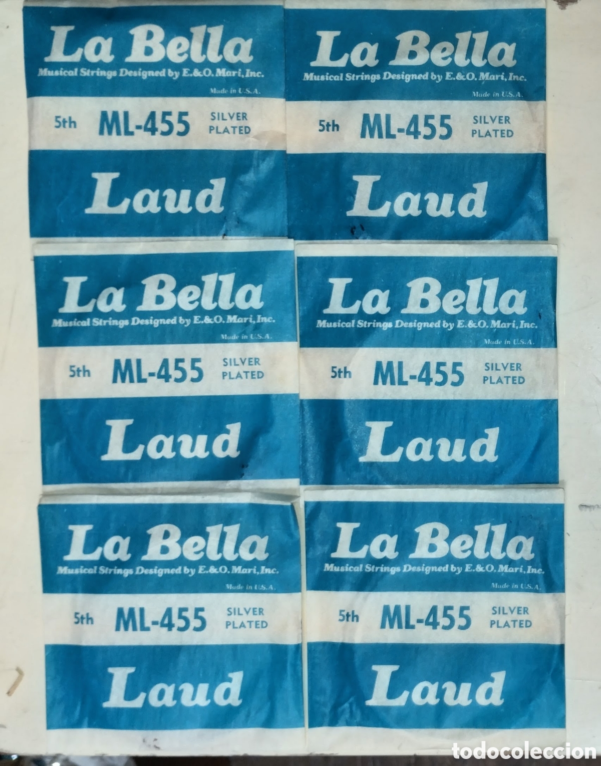 Musical instruments: 6 PAQUETES VINTAGE CUERDAS de LA BELLA ML 455 SILVER PLATE para LAUD todas NUEVAS SIN ESTRENAR