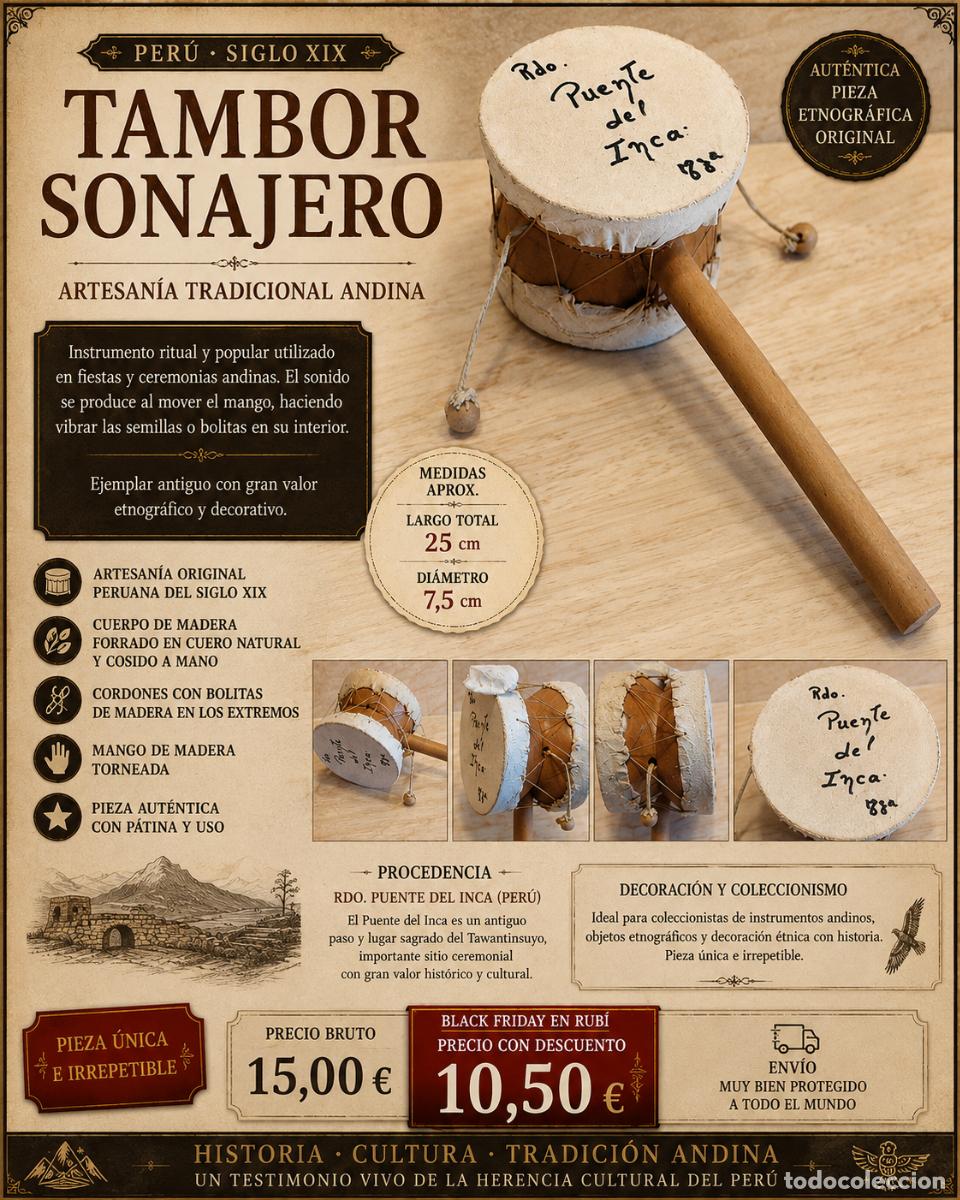 Instrumentos musicales: TAMBOR-SONAJERO ARTESANAL | MADERA Y PIEL DE CABRA | PUENTE DEL INCA-ARGENTINA | PIEZA &Eacute;TNICA