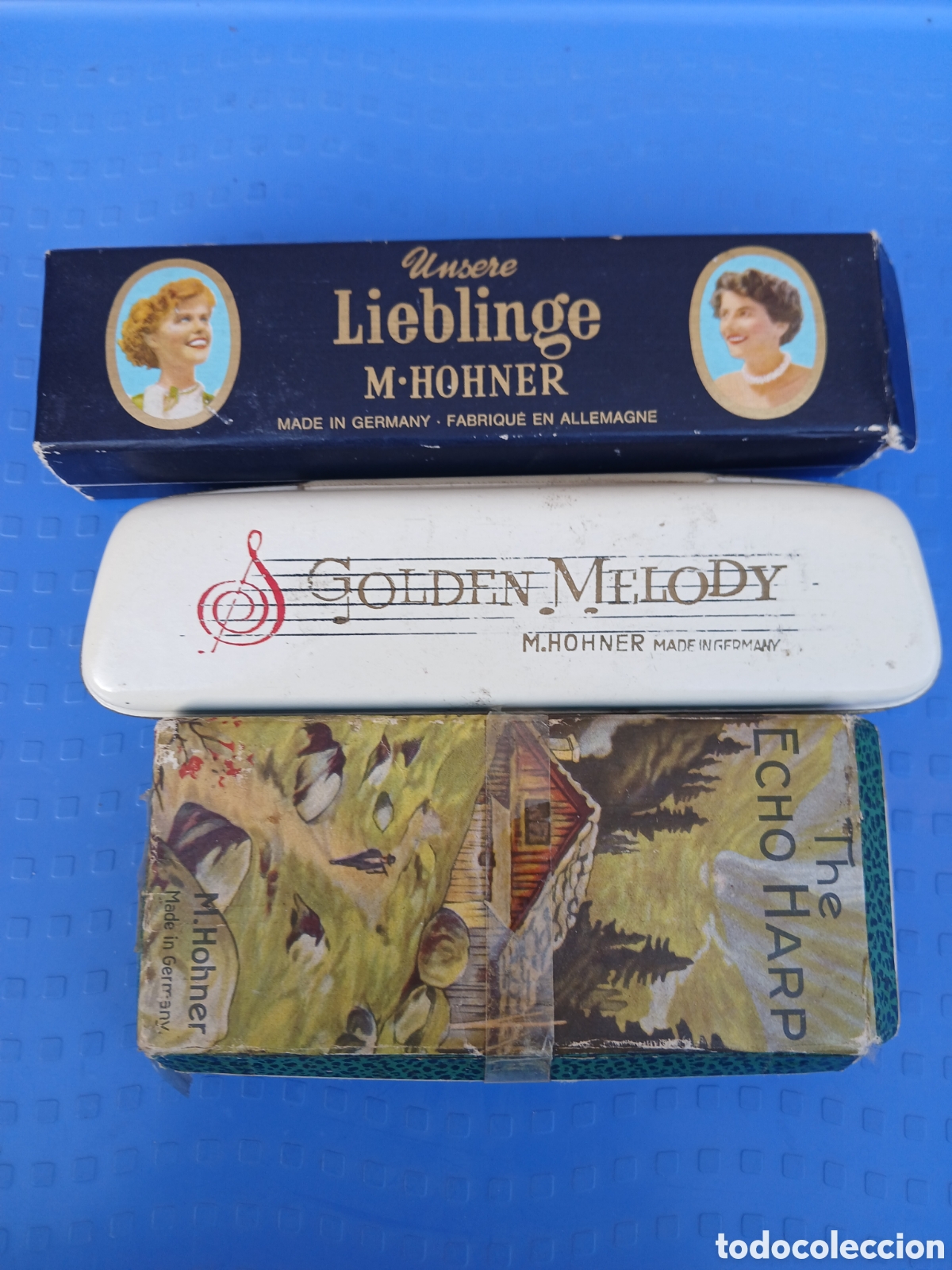 Instrumentos musicales: LOTE, TRES ARMONICAS ALEMANAS M. HOHNER EN CAJA ORIGINAL.
