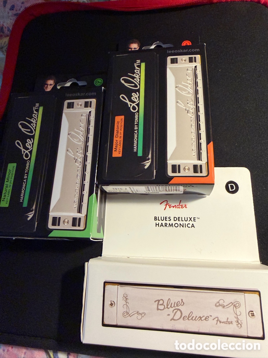 Instrumentos musicales: Lote 3 arm&oacute;nicas, 2 Lee Oskar + Fender de regalo