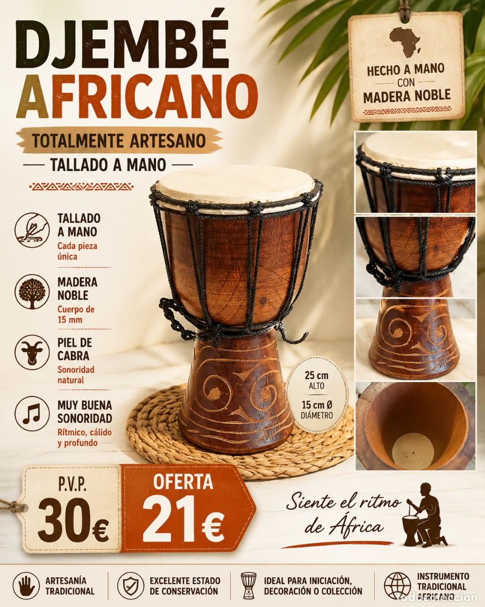 Musical instruments: DJEMB&Eacute; AFRICANO | ARTESANAL | TALLADO A MANO | MADERA Y PIEL DE CABRA | 25 CM