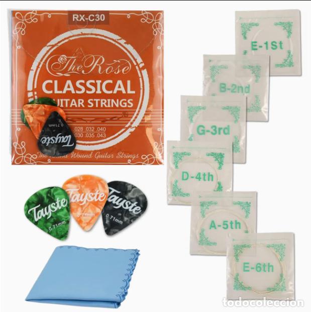 Instrumentos musicales: Cuerdas de Guitarra Espa&ntilde;ola de Nailon Premium + 3 P&uacute;as Regalo + Toallita de microfibra Regalo