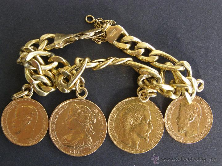 pulsera de oro 18 k con 4 monedas de oro de 21, - Comprar Pulseras