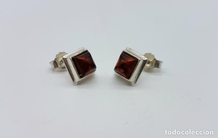 Joyeria: Pendientes antiguos en plata de ley con cabuj&oacute;n rectangular en &aacute;mbar b&aacute;ltico autentico . - Foto 2