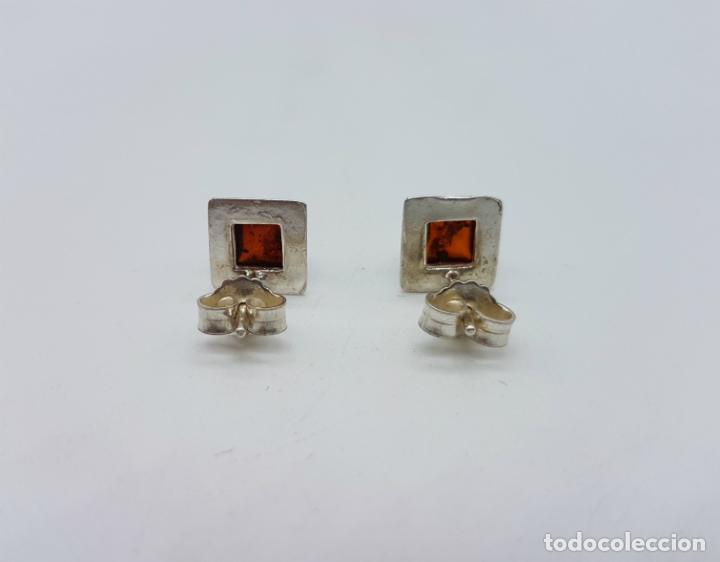 Joyeria: Pendientes antiguos en plata de ley con cabuj&oacute;n rectangular en &aacute;mbar b&aacute;ltico autentico . - Foto 3