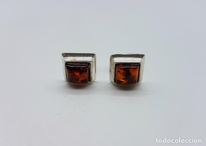Joyeria: Pendientes antiguos en plata de ley con cabuj&oacute;n rectangular en &aacute;mbar b&aacute;ltico autentico . - Foto 4