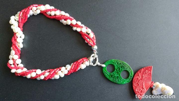 Joyeria: Collar perla, coral y jade. - Foto 1