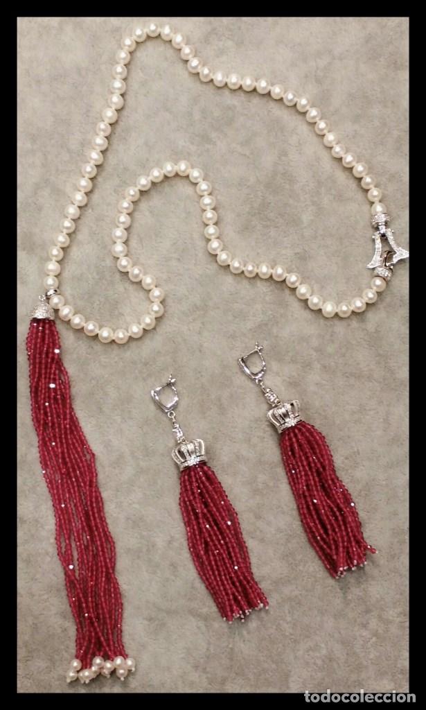 Joyeria: CONJUNTO DE COLLAR Y PENDIENTES DE PERLA Y RUBIES. - Foto 1